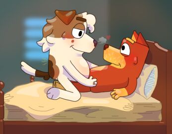 aged_up anthro anthro_male anthro_only bed bedroom bedroom_eyes big_eyebrows black_nose bluey_(series) blurry_background blush blushing blushing_male brown_nose canid canine canis domestic_dog duo floppy_ears gay_couple head_on_pillow heart jack_(bluey) laying_on_bed looking_at_partner male male/male male_anthro male_pregnancy married married_couple messy_hair mpreg muzzle no_sex on_bed on_knees on_top on_top_of pointy_ears pregnancy pregnant pregnant_belly pregnant_male red_body red_fur rusty_(bluey) side_view sitting_on_lap sitting_on_top tail wedding_ring white_body white_fur