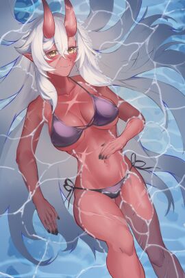 akumi beach bikini black_bikini black_nails breasts cleavage closed_mouth collarbone female fingernails from_above hair_between_eyes horns long_hair looking_at_viewer lying nail_polish navel on_back oni_horns partially_submerged red_skin sharp_fingernails side-tie_bikini smile solo swimsuit very_long_hair virtual_youtuber vyugen water wet white_hair yellow_eyes