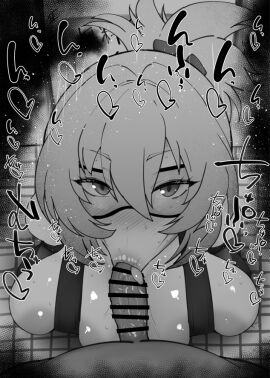 1boy 1girls :>= bare_shoulders big_breasts big_penis black_and_white blush breasts censored dark-skinned_male dark_skin detailed_background drooling eyelashes fellatio female heart hoyoverse human indoor inside interracial kurotama looking_at_viewer male male_pov oral oral_sex penis ponytail room saliva shiny shiny_skin short_hair sketch soldier_11 sound_effects squatting sweat text tied_hair tinted_eyewear tongue tongue_out vein veins veiny veiny_penis visor zenless_zone_zero