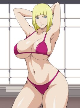 1girls arms_behind_head arms_up bare_arms bare_chest bare_legs bare_midriff bare_shoulders bare_thighs big_breasts bikini bikini_bottom bikini_top blonde_hair blue_eyes blunt_bangs bob_cut breasts breasts_apart bust busty cameltoe collarbone cowboy_shot curvaceous curvy curvy_body curvy_female curvy_figure female female_only high_resolution highleg highleg_bikini huge_breasts light-skinned_female light_skin mature mature_female midriff naruto naruto_(series) naruto_shippuden oppai pale-skinned_female pale_skin pink_bikini pink_swimsuit pinup pussy revealing_swimsuit samui shiny shiny_hair shiny_skin shoulder_length_hair skimpy skimpy_bikini skin_tight skindentation small_bikini solo solo_female solo_focus sparrowtrooper swimsuit text thick_thighs voluptuous wide_hips