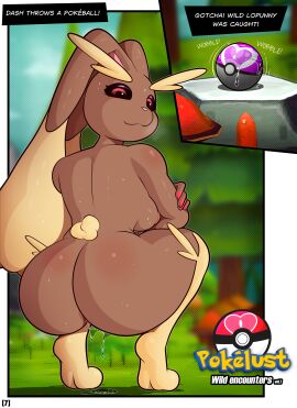 absurd_res after_sex anthro ass black_sclera bodily_fluids breasts brown_body female forest forest_background fur generation_4_pokemon genital_fluids genitals gradient_background hair hi_res kevwrite logo looking_at_viewer looking_back lopunny nature nature_background nintendo pink_eyes plant pokeball pokemon pokemon_(species) simple_background small_breasts solo tan_body tan_fur tan_hair text text_box tree vaginal_fluids vulva