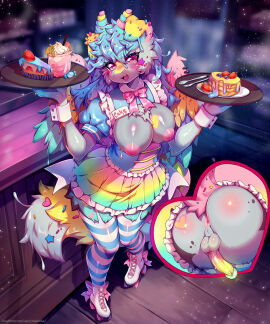 1futa 2024 anthro anus areola ass balls biped blue_hair blush body_blush bottomwear bow_ribbon breasts butt_blush cake clothed clothing dessert detailed_background digital_media_(artwork) erection eyebrows eyelashes feathered_wings feathers female folded_ears food fruit full-length_portrait futanari genitals hair holding_food holding_object inside intersex legwear multicolored_penis nipples no_underwear open_mouth pancake pattern_clothing pattern_legwear pattern_thigh_highs penis perineum pink_anus pink_areola pink_eyes pink_nipples pink_tongue plant pleated_skirt portrait rainbow_penis roller_skates shaded shirt_cuffs skirt solo standing strawberry striped_clothing striped_legwear striped_thigh_highs stripes tail tekahika text thigh_highs tongue topwear unknown_species upskirt url waiter waitress_uniform wings