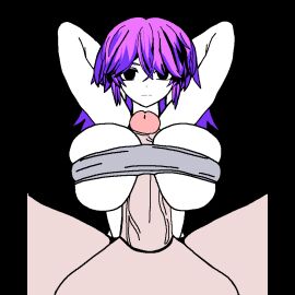 1boy 1girls animated animated_gif arms_behind_back bra breasts empty_eyes expressionless expressionless_sex female handsfree_paizuri jvne_(sewerslvt) jvnko_(sewerslvt) kokorikokoro_(artist) looking_at_viewer male music_(culture) paizuri paizuri_under_clothes purple_hair sewerslvt titjob traced transparent_background white_skin zonen404