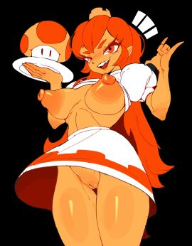 2024 big_breasts big_nipples black_background blush breasts crown female female_focus female_only huhujujuy long_hair mario_(series) mushroom nintendo nipples orange_body orange_eyes orange_hair orange_skin plate princess princess_peach princess_peach_sprite_redraw_(meme) princess_toadstool pussy shirt_lift skirt super_mario_bros._(nes) thick_thighs thighs upskirt