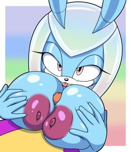 2024 2d ambiguous_species antennae_(anatomy) anthro areola arthropod bedroom_eyes beetle big_areola big_breasts black_nose blue_body border breast_play breast_squish breasts closed_smile duo espio_the_chameleon eyelashes faceless_character faceless_male female genitals grey_hair hair half-closed_eyes hi_res huge_breasts idw_comics idw_publishing insects inverted_nipples jewel_the_beetle looking_at_viewer male male/female mobian mobian_(species) mobian_beetle mouth_closed multicolored_body narrowed_eyes nipples nude paizuri penis pink_eyes purple_areola purple_body purple_nipples rainbow_background seductive sega sex simple_background smile sonic_(series) sonic_the_hedgehog_(comics) sonic_the_hedgehog_(idw) sonic_the_hedgehog_(series) sonicguru squish tan_body titfuck titjob tongue tongue_out two-tone_body white_body white_border