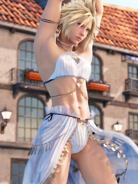 1boy 3d arms_up belly_dancer belly_dancer_outfit blonde_hair blue_eyes choker cloud_strife cloudmateria crossdressing final_fantasy final_fantasy_vii final_fantasy_vii_ever_crisis light-skinned_male light_skin male outside posing sissy square_enix translucent_clothing trivia3d_(cloudmateria) twink white_skin