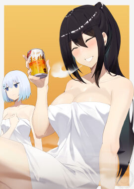 2girls beer black_hair breasts date_a_live female female_only kusakabe_ryoku_(character) light-skinned_female light_skin thighs tobiichi_origami towel white_hair