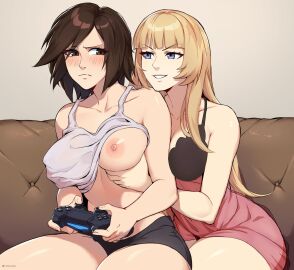 2girls allen_skies allen_skies02 annoyed bare_shoulders blonde_hair blue_eyes blunt_bangs blush breast_grab breast_grab_from_behind breasts brown_eyes brown_hair cleavage controller emilie_de_rochefort female game_controller gamepad gaming grabbing grabbing_another's_breast grabbing_from_behind groping hand_under_clothes highres holding holding_controller holding_game_controller kazama_asuka large_breasts long_hair molestation multiple_females multiple_girls namco navel nipple_stimulation nipple_tweak nipples one_breast_out open_mouth playstation_controller short_hair tank_top tekken tomboy yuri