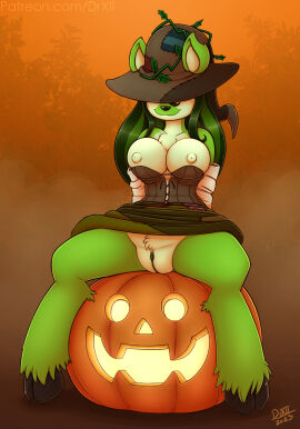 2023 2:3 anthro breasts clothed clothing deer digital_media_(artwork) drxii female food fruit fur genitals green_body green_fur hair halloween hat headgear headwear hi_res holidays ixi_(neopets) jack-o'-lantern magic_user mammal neopet_(species) neopets nipples partially_clothed plant pumpkin pussy simple_background sitting_on_pumpkin smile solo sophie_the_swamp_witch vegetable_dildo witch