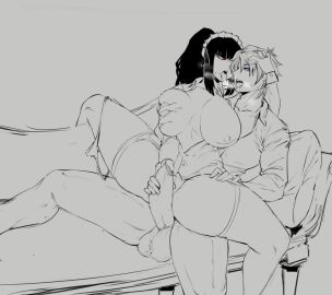 1boy 1girls 2d balls big_balls big_breasts big_penis black_hair breasts dravisdraws female grabbing_breasts heathcliff_(limbus_company) imminent_sex limbus_company maid male penis ponytail project_moon red_eyes ryoshu_(limbus_company) saliva_trail spread_legs steamy steamy_breath thick_thighs tongue_kiss tongue_out