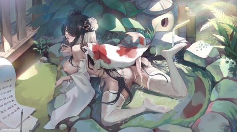 after_vaginal ahe_gao ass azur_lane black_hair breasts calligraphy calligraphy_brush censored china_dress chinese_clothes chinese_commentary dark-skinned_female dark_skin detached_sleeves double_bun dress female feral fish from_above full_body green_eyes hair_bun hair_over_one_eye highres large_breasts long_hair lying mixed-language_commentary mosaic_censoring nipples northampton_(azur_lane) official_alternate_costume on_stomach outdoors paintbrush pussy qisu see-through_thighhighs solo thighhighs tongue tongue_out white_dress white_sleeves white_thighhighs zoophilia