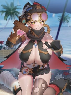 1girls beach beach_background big_ass blush bottom_heavy breasts_bigger_than_head cute cute_fang female_focus genshin_impact goggles hand_on_breast huge_breasts jahoda_(genshin_impact) looking_at_viewer mostly_clothed peroperoperori ripped_stockings robotic_arm skimpy skimpy_clothes solo_female teasing thick_thighs
