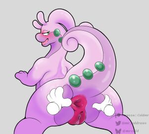anthro anus ass female feral generation_6_pokemon genitals goodra green_eyes half-closed_eyes hi_res lying mrcold narrowed_eyes nintendo on_front open_mouth pokemon pokemon_(species) presenting presenting_hindquarters purple_body pussy raised_tail signature simple_background solo spread_anus spread_ass spread_butt spreading tail tail_anus thick_tail tongue
