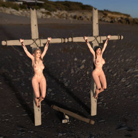 2girls 3d aerith_gainsborough black_hair blonde_hair crown_of_thorns crucifixion female final_fantasy final_fantasy_vii hlt1w nude nude_female running_mascara runny_makeup tifa_lockhart