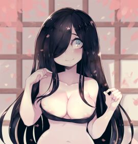 areolae areolae_slip aria_(parororo) aria_wintermint black_hair breasts cherry_blossoms female green_eyes hair_over_one_eye long_hair medium_breasts naked_female original parororo smiling solo solo_female