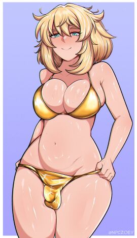 1futa bikini blonde_hair blue_eyes blush breasts bridget bulge clothed clothing dickgirl futa_only futanari gold_bikini golden_week guilty_gear intersex mostly_nude npczoey sweat tagme teenager trans trans_woman transfem transgender transgender_woman