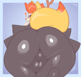 1boy 2025 ? anthro anthro_only ass balls biped black_body black_fur braixen canid canine digital_media_(artwork) fox frumples fur game_freak generation_6_pokemon genitals hi_res looking_back male male_only multicolored_body multicolored_fur multicolored_tail nintendo nude orange_body orange_eyes orange_fur outline pokemon pokemon_(species) pupils question_mark simple_background solo solo_anthro solo_male standing tail yellow_tail