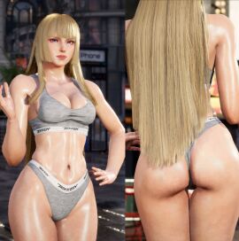 3d abs ass ass_focus back_view blonde_hair brand_name calvin_klein child_bearing_hips cleavage curvy emilie_de_rochefort female fit fit_female gameplay_screenshot hand_on_hip hime_cut long_hair mod namco omegaxsmash panties purple_eyes sports_bra sportswear taller_female teasing tekken tekken_8 thigh_gap thighs underwear_only wedgie white_skin