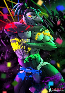 5_fingers abs absurd_res anthro avian beak bird chicken claws clothed clothing confetti crowded feathers fingers galliform gallus_(genus) hi_res iudicium86 laser lgbt_pride lgbt_pride_month male multicolored_body multicolored_feathers muscular muscular_anthro muscular_male paint party pecs phasianid pride_colors rave silhouette silhouetted_body slade_(dragonmate7) solo two_tone_body two_tone_feather_hair two_tone_feathers two_tone_tail_feathers underwear underwear_only