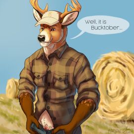 anthro antlers black_nose bottomwear clitoris clothing cuntboy daxx_(dkmt12) deer denim denim_bottomwear denim_clothing dialogue flannel_shirt genitals hat hay hay_bale headgear headwear hi_res horn inner_ear_fluff intersex jeans mammal marjani outside pants pussy solo speech_bubble standing text tuft unzipped unzipped_pants zipper