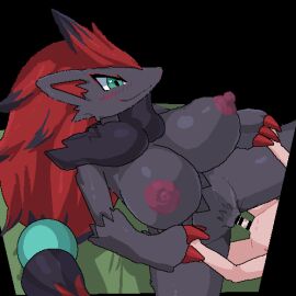 animated anthro areola biped black_body black_fur blush bodily_fluids breasts censor_bar censored claws closed_smile continue_after_cum cum cum_in_pussy cum_inside dialogue duo erection female female_penetrated fur furry generation_5_pokemon genital_fluids genitals green_eyes human low_res male male/female male_penetrating male_penetrating_female mammal mouth_closed multicolored_body multicolored_fur nintendo nipples penetration penile penile_penetration penis pixel_animation pixel_art pokemon pokemon_(species) pussy red_body red_fur sex sky_necko small_penis small_penis_adoration smile text vaginal_penetration zoroark