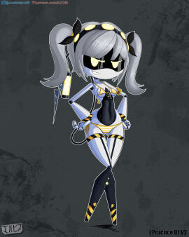 accurate_art_style bikini digital_media_(artwork) disassembly_drone fanart female female_only glitch_productions grey_hair j_(murder_drones) jackintaro looking_at_viewer murder_drones ribbons robot robot_girl side-tie_bikini side-tie_panties simple_background smile solo twintails yellow_eyes