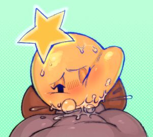 balls black_eyes blush blush_lines bodily_fluids brown_clothing brown_footwear brown_shoes cheek_bulge close-up close_up close_up_view closeup closeup_view clothing dark_body dark_skin eyelashes fellatio female first_person_view footwear genitals grahhh green_background humanoid male mario_(series) mario_and_luigi_(series) mario_bros narrowed_eyes nintendo one_eye_closed oral oral_sex_close-up oral_sex_close_up oral_sex_closeup penile penis saliva saliva_bubble saliva_on_penis sex shoes simple_background simple_eyes simple_face solo star star_sprite starlow sweat sweatdrop waddling_head yellow_body yellow_skin