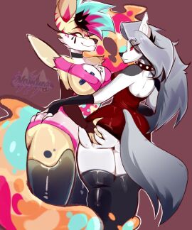 2girls anthro ass ass_grab bare_shoulders bareback bee big_breasts black_body black_fur black_nose black_pasties breasts butt_grab canid canid_demon canine canis christianity clothed clothing collar demon demon_girl dress duo eyelashes female female/female female_only fox fur grey_hair grey_tail hair hand_on_ass hand_on_butt hellhound helluva_boss hi_res hybrid looking_at_viewer looking_back loona_(helluva_boss) mammal monster_girl mutual_groping mythological_canine mythological_creature mythology nipple_tape notched_ear pasties pink_clothing public_domain queen_bee-lzebub_(helluva_boss) red_clothing red_dress red_eyes red_sclera religion smort spiked_collar spikes tail tape thick_thighs white_body white_eyes white_fur wide_hips wings wolf yellow_body yellow_fur