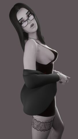 1girls 3d 3d_model 3d_render black_dress black_eyeshadow black_fingernails black_hair black_nail_polish black_nails blizzard_entertainment bracelet bracelets breasts dress female female_only glasses glasses_on_face grey_background grey_body grey_lips grey_lipstick grey_skin grey_skinned_female jacket jacket_off_shoulders jacket_open long_fingernails long_hair long_nails looking_back medium_hair mslewd necklace overwatch silver_bracelet silver_necklace small_boobs small_breasts solo solo_female stockings stockings_thigh_highs thigh_highs thighhighs thighs widowmaker