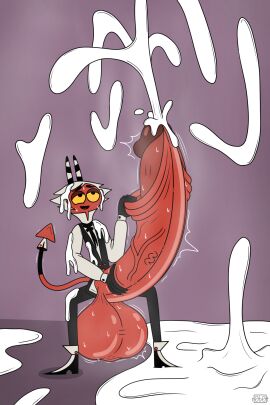 anthro balls big_balls big_penis bodily_fluids clothed clothing cum ejaculation excessive_cum excessive_genital_fluids genital_fluids genitals helluva_boss hi_res huge_balls huge_cock hyper hyper_balls hyper_genitalia hyper_penis male orgasm penis pringles_(helluva_boss) r0b0t red_body red_skin solo sweat