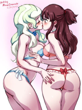 2021 2girls akko_kagari artist_name artist_signature ass atsuko_kagari bra breast_press breast_to_breast breasts british_female brown_hair cleavage closed_eyes clothes couple diana_cavendish female female/female female_on_female female_only french_kiss frilled_bra frilled_panties frilled_underwear green_hair hand_on_another's_ass highres japanese_female kiss kissing lesbian_kiss little_witch_academia long_hair looking_at_another medium_breasts minacream multiple_females multiple_girls necklace panties pendant platinum_blonde_hair ponytail red_eyes short_ponytail simple_background spellcaster standing surprised surprised_expression symmetrical_docking tied_hair two-tone_hair underwear underwear_only variant_set wide_eyed witch yuri