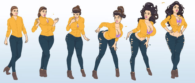 1girls ass ass_expansion banedearg bimbo bimbofication bra brain_drain brainwashing breast_expansion breast_growth breast_growth_(enlargement) breasts eye_color_change female hair_color_change hair_growth high_heel_boots high_heels hoop_earrings intelligence_drain intelligence_loss iq_loss large_ass large_breasts lips mental_transformation mind_control personality_change simple_background tan thick_thighs thigh_expansion transformation transformation_sequence wide_hips