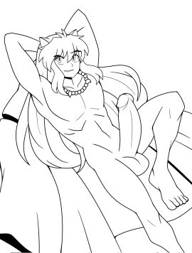 2024 accessories_only arms_behind_head arms_up commission inuyasha inuyasha_(character) line_art long_hair looking_at_viewer lying_on_clothes male male_only necklace no_nipples nude smirk yuunsfw