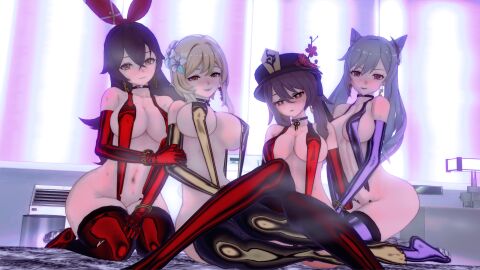 amber_(genshin_impact) artist_request big_breasts breasts busty female female_only genshin_impact hu_tao_(genshin_impact) keqing_(genshin_impact) koikatsu lumine_(genshin_impact)