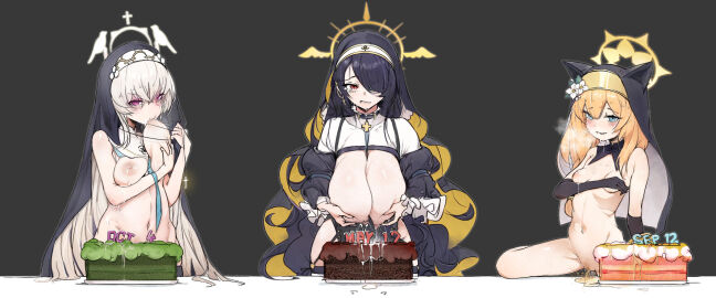 3girls 8_ni birthday_cake black_gloves black_hair blue_archive blue_eyes breast_milk breast_sucking breasts breasts_squeezed_together cake cross cross_necklace female female_only food gloves hair_over_one_eye halo hand_milking hinata_(blue_archive) huge_breasts jewelry lactating_in_food lactation long_hair mari_(blue_archive) medium_breasts naked necklace nipples nude nun nun's_habit orange_hair peeing peeing_on_food pubic_hair purple_eyes pussy pussy_juice red_eyes sakurako_(blue_archive) self_breast_sucking small_breasts sucking_own_breasts uncensored urination urine urine_pool urine_puddle very_long_hair white_hair young