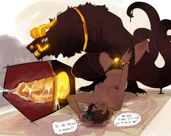 1animal 1girls 1monster 2019 animal_genitalia animal_penis black_fur blue_eyes bracelet breasts brown-haired_female brown-skinned_female brown_skin canid_demon canine claws collar cum cum_in_pussy cum_inside dialogue digitigrade english_dialogue english_text female feral feral_on_female feral_on_human feral_penetrating gold_bracelet gold_collar gold_horns gold_jewelry gold_penis gold_tongue golden_penis horns interspecies knot knotted_penis lace-trimmed_panties lacrimale legs_up legs_wrapped_around_partner male missionary_position moaning monster mostly_nude mostly_nude_female multi_tail on_phone one_eye_closed panties panties_aside penile_penetration penis phone phone_call pussy skinny skinny_female slim slim_female slimy small_breasts smartphone straight teratophilia vaginal_penetration white_eyes zoophilia