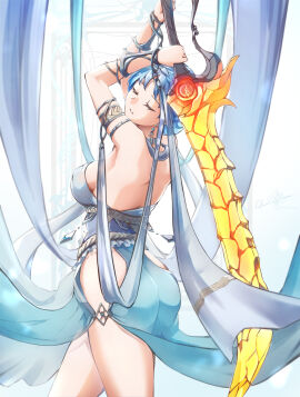 1girls alternate_costume armlet arms_up ass back backless_dress backless_outfit bare_back bare_shoulders big_ass blue_dress blue_hair blutgang_(fire_emblem) breasts clear_glass_(mildmild1311) closed_eyes cowboy_shot dancer dancer_(fire_emblem:_three_houses) dress earrings female female_only fire_emblem fire_emblem:_three_houses highres holding holding_sword holding_weapon jewelry large_breasts marianne_von_edmund nintendo short_hair sideboob solo standing sword thighs weapon