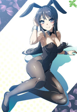 armpits ass_visible_through_thighs bare_arms bare_shoulders belly_button_visible_through_clothing big_breasts black_bunnysuit black_hair blush bowtie breasts brown_pantyhose bunny_ears bunny_tail bunnysuit cleavage closed_mouth collarbone female hair_ornament high_heels long_hair makicha_(sasurainopink) neck_ribbon pantyhose purple_eyes sakurajima_mai seishun_buta_yarou_wa_bunny_girl_senpai_no_yume_wo_minai shiny_clothes smile thighs