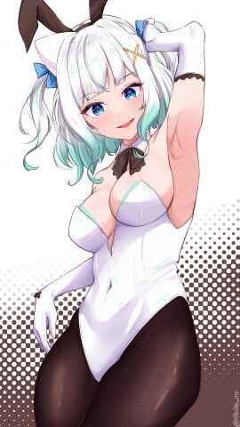 1girls arm_up armpit bare_armpit bare_shoulders big_breasts blue_eyes breasts bunny_ears bunnysuit cleavage detached_collar exposed_armpit exposed_shoulders female ghost_girl gradient_hair green_hair hair_ribbons hi_res highres indie_virtual_youtuber light_blush long_gloves medium_breasts mint_fantome one_arm_up ribbons solo solo_female solo_focus takoroki twintails two-tone_hair virtual_youtuber white_hair x_hair_ornament