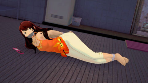 1girls 3d arms_tied_behind_back bondage breasts brown_eyes brown_hair female flip_phone gag gagged kujikawa_rise legs_tied locker long_hair necklace on_floor on_side orange_tank_top pants persona persona_4 phone rope rope_bondage shepirotcloud small_breasts solo tank_top tape_gag tile_floor white_pants