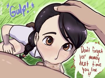 1boy 1girls blush brown_eyes brown_hair clothed clothed_female_nude_male clothed_sex clothing cum cum_in_mouth cum_inside defeated english_text fellatio female flat_chest game_freak hand_on_another's_head huge_cock human juliana_(pokemon) long_hair lost_battle_(pokemon) male male_pov nintendo open_mouth oral penetration penis pokemon pokemon_sv pov s0_underrated shirt speech_bubble spread_legs trainer white_shirt