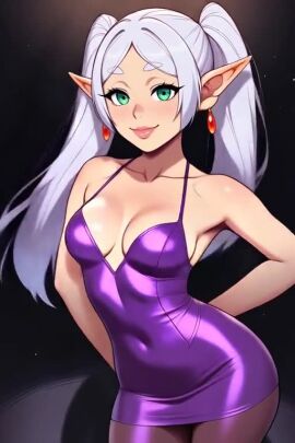 1girls 2:3 2d ai_generated animated cartoon cartoonish cartoony dancing dress female frieren frieren_beyond_journey's_end looking_at_viewer needmymommy purple_dress shorter_than_10_seconds solo tagme vertical_video video western_art