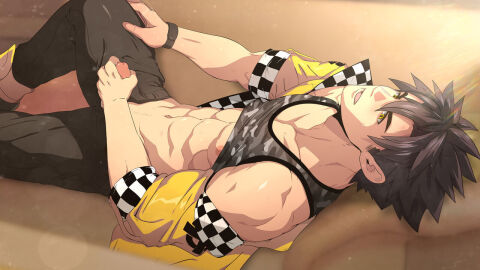 1boy black_hair blackmonkey_pro blush erect_nipples erect_penis erection grabbing_penis hand_on_penis male male_focus male_only male_pov masturbation mazjojo muscles muscular muscular_male nipples open_mouth pecs pectorals penis pink_nipples pubic_hair solo solo_focus solo_male veiny_penis yaoi yellow_eyes young younger_male