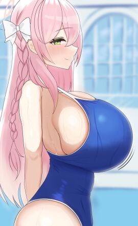 1girls artist_request blue_archive blush breasts female green_eyes hanako_(blue_archive) looking_at_viewer one-piece_swimsuit pink_hair shortstack solo swimsuit