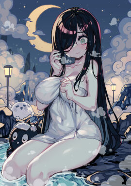 1girls aria_(parororo) aria_wintermint black_hair breasts female green_eyes hair_covering_eye large_breasts long_hair original parororo solo solo_female towel water