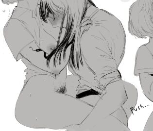 2girls arm_tattoo between_legs blush bottomless breast_sucking breasts closed_eyes collared_shirt commentary dildo english_commentary female female_pubic_hair greyscale heart long_hair monochrome multiple_females multiple_girls nipple_piercing nipples original paid_reward_available piercing pubic_hair sex_toy shirt short_hair short_sleeves sleepymocha sleeves_rolled_up strap-on strapon sweat tattoo yuri