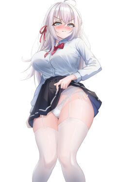 1girls ahoge alisa_mikhailovna_kujou azureareas17 black_skirt blush bow_panties bowtie breasts cowboy_shot female garter_straps grey_hair hair_ornament hi_res lace-trimmed_panties lace_trim large_breasts lifted_by_self long_hair looking_at_viewer panties pleated_skirt side-tie_panties simple_background skirt skirt_lift smile solo solo_female thighhighs tokidoki_bosotto_russian_de_dereru_tonari_no_alya-san underwear white_background white_legwear white_panties white_shirt