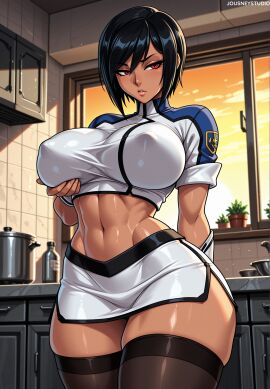 abs ai_assisted ai_generated arm_behind_back artist_name black_hair black_thighhighs breasts cabinet clothing cloud covered_nipples cowboy_shot crop_top curvy dark-skinned_female dark_skin faucet female gloves grabbing_own_breast hair_between_eyes indoors jousneystudio kangoku_senkan kettle kitchen large_breasts legwear linea_alba lips looking_at_viewer microskirt midriff military military_uniform miniskirt naomi_evans narrow_waist navel parted_lips patreon_username pencil_skirt plant potted_plant red_eyes shiny_skin short_hair short_sleeves side_slit sink skindentation skirt sky solo standing stomach stove sunset thick_thighs thighhighs thighs tile_wall tiles toned uniform web_address white_skirt wide_hips window