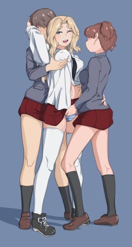 3girls alisa_(girls_und_panzer) blonde_hair blue_background blue_eyes blush breasts brown_hair covered_nipples faceless faceless_female female full_body girls_und_panzer grabbing_another's_breast grabbing_from_behind groping hand_in_another's_panties hand_in_panties highres huaronanago kay_(girls_und_panzer) lesbian long_hair miniskirt multiple_females multiple_girls naomi_(girls_und_panzer) navel one_eye_closed open_mouth panties red_skirt sandwiched saunders_school_uniform school_uniform short_hair simple_background skirt thighhighs underwear white_thighhighs yuri