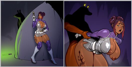 1boy 1girls alien alien/human arms_behind_back ass bent_over big_ass big_breasts breasts breasts_out breasts_out_of_clothes brown-skinned_female brown-skinned_male busty cave center_opening cleavage cleavage_cutout contessa_ashford curvy dark-skinned_female dark_skin doggy_style dubious_consent dubious_penetration erect_nipples female female_focus foolymagooly from_behind full_body full_body_suit full_lips gun gungan hair_buns hanging_breasts helmet hiding hourglass_figure huge_breasts interspecies izra knee_boots male male/female male_penetrating_female monochrome nipples open_clothes original_character pin-up purple_hair questionable_consent ray_gun red_highlights retro sci-fi science_fiction sex shadowy_figure shiny_clothes short_skirt skirt smile space_girl spacesuit star_wars tattoo thick_thighs thighhighs tight_clothing tongue tongue_out twin_buns unzipped weapon